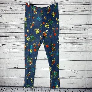 Slinky Brand Size 1X Blue Floral Print Straight Leg Pull On Pants